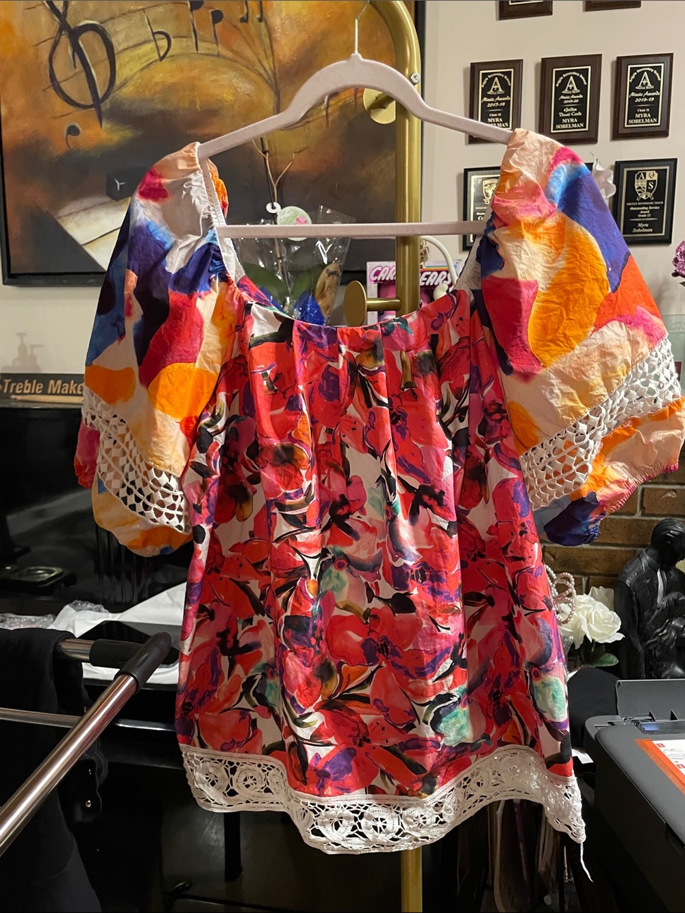 French Connection Multicolor Floral Puff-Sleeve Crochet Trim Blouse